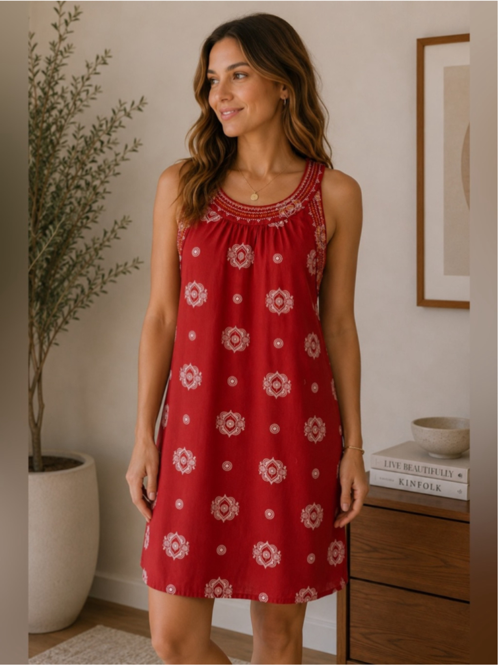 Twik Red Embroidered Boho Sleeveless Shift Dress Summer Size XS Festival
